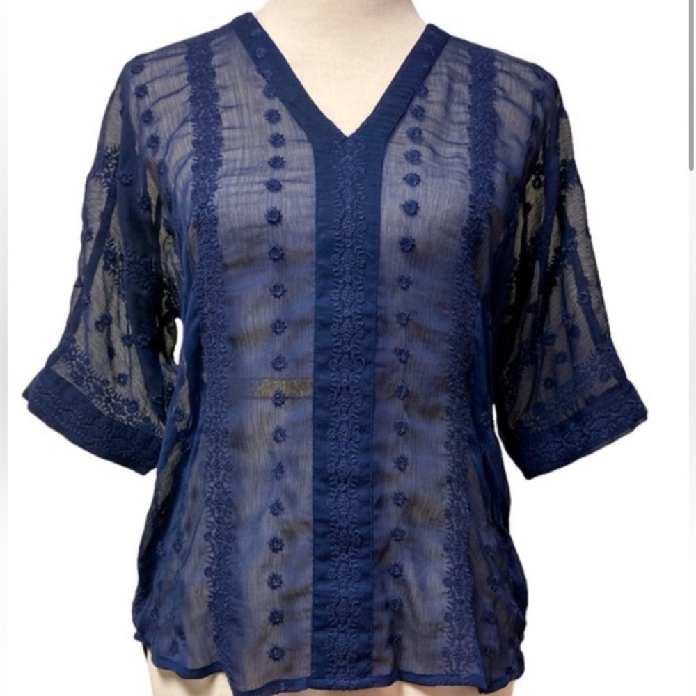 Olive & Oak Navy Blue Sheer Lace Blouse V Neck Shirt Top Size Small